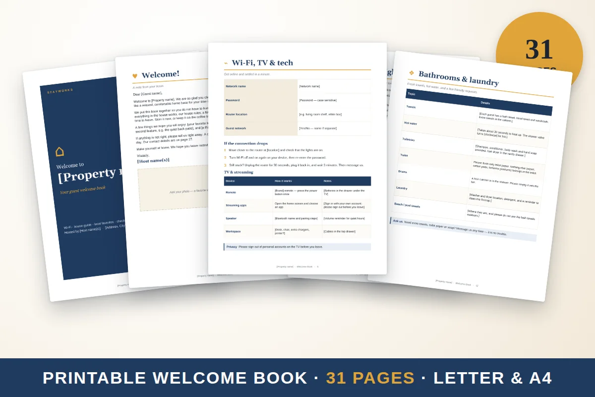 Printable Airbnb welcome book with pages for Wi-Fi, rules and local tips