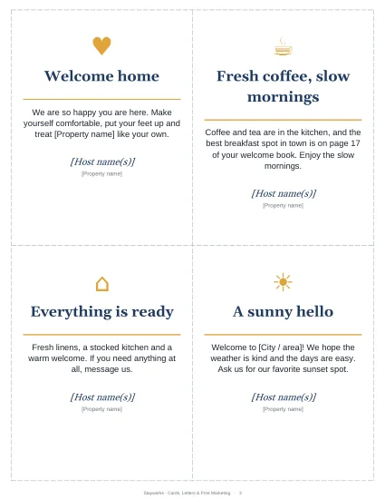 Printable host cards and message templates for guest reviews