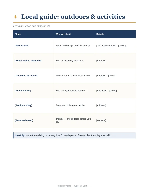 Local area recommendations page that hosts can share with guests