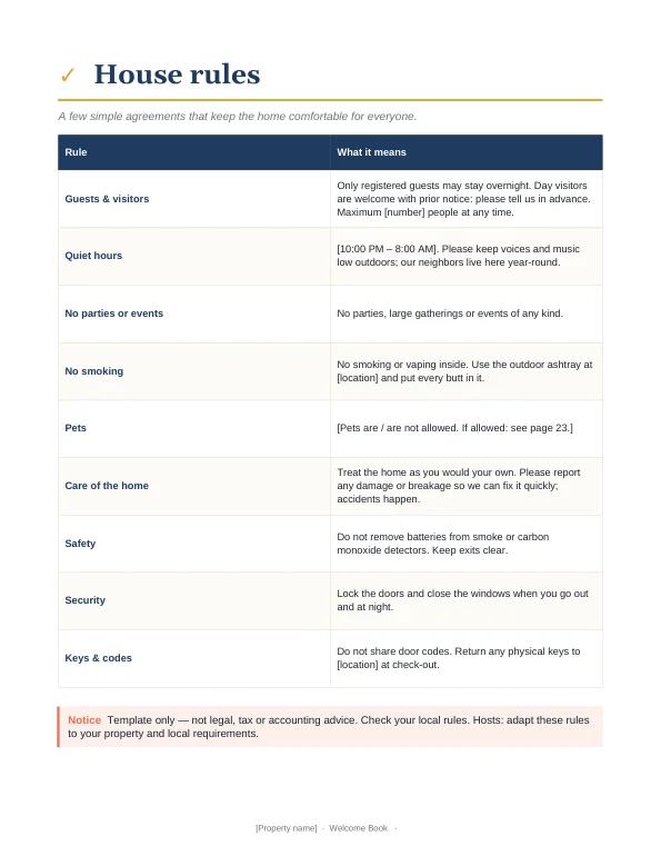 Printable Airbnb house rules page for guests